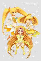 Rule 34 | 10s, 3girls, bike shorts, blonde hair, boots, bow, brooch, choker, circlet, color connection, copyright name, cure muse, cure muse (yellow), cure peace, cure sunshine, d (pixiv544157), double v, dress, eyelashes, grey background, hair flaps, heart, heart brooch, heartcatch precure!, jewelry, kise yayoi, knee boots, long hair, magical girl, midriff, multiple girls, myoudouin itsuki, navel, orange hair, pink eyes, precure, ribbon, shirabe ako, shorts, shorts under skirt, shy, skirt, smile precure!, suite precure, tears, twintails, v, wide ponytail, wrist cuffs, yellow bow, yellow dress, yellow eyes, yellow shorts, yellow skirt, yellow theme