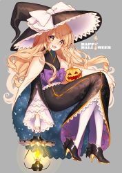 Rule 34 | 1girl, absurdres, alternate costume, black dress, black footwear, black hat, blonde hair, bow, braid, dress, fang, fire, frilled sleeves, frills, grey background, happy halloween, hat, hat bow, high heels, highres, holding, invisible chair, jack-o&#039;-lantern, kirisame marisa, lantern, long hair, looking at viewer, mokokiyo (asaddr), nail polish, oil lamp, open mouth, pantyhose, purple nails, sash, shoes, side braid, simple background, sitting, smile, solo, star (symbol), touhou, white bow, white pantyhose, witch hat, yellow eyes