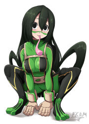 Rule 34 | 1girl, asui tsuyu, belt, black eyes, blush, bodysuit, boku no hero academia, boots, breasts, closed mouth, collarbone, facepaint, full body, gloves, green bodysuit, green hair, highres, large breasts, long hair, long tongue, looking at viewer, nico-mo, simple background, solo, squatting, thigh boots, thighhighs, tongue, tongue out, white background, white gloves