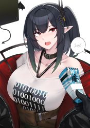 Rule 34 | 1girl, absurdres, alternate breast size, arknights, banknote, bare shoulders, belt, black coat, black hair, blush, breasts, buckle, cleavage, closure (arknights), coat, collar, collarbone, doctor (arknights), fang, fang out, hair ornament, head tilt, highres, holding, holding money, huge breasts, kanta (kanta 077), long hair, looking at viewer, lungmen dollar, money, off-shoulder shirt, off shoulder, official alternate costume, one side up, open clothes, open coat, open mouth, pointy ears, red eyes, shirt, sidelocks, simple background, smile, solo focus, upper body, white background, white shirt