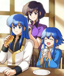 Rule 34 | 1boy, 1girl, 1other, absurdres, black hair, blue hair, child, cup, drinking glass, fire emblem, fire emblem: genealogy of the holy war, highres, if they mated, larcei (fire emblem), nintendo, seliph (fire emblem), smile