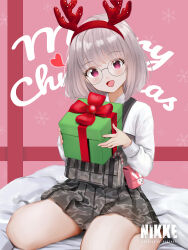 Rule 34 | 1girl, :d, box, breasts, camouflage, camouflage skirt, collared shirt, gift, gift box, glasses, goddess of victory: nikke, grey hair, heart, light blush, medium hair, open mouth, red eyes, regiana (jubi), round eyewear, shirt, signal (nikke), sitting, skirt, small breasts, smile, solo, thighs, white shirt