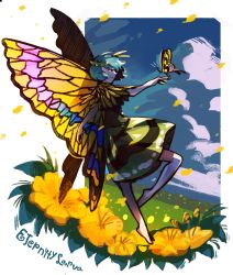 Rule 34 | 1girl, animal, antennae, aqua hair, bad anatomy, bad arm, barefoot, brown eyes, bug, butterfly, butterfly wings, character name, closed mouth, dress, erty113, eternity larva, fairy, flower, green dress, hair between eyes, highres, insect, insect wings, leaf, leaf on head, multicolored clothes, multicolored dress, short hair, short sleeves, smile, solo, touhou, wings, yellow flower