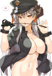 Rule 34 | 1girl, arknights, black gloves, black hat, black shirt, breasts, cleavage, collarbone, cuffs, earrings, gloves, hat, heart, highres, holding, jewelry, large breasts, long hair, looking at viewer, naked shirt, navel, no bra, official alternate costume, ohta yuichi, open clothes, open mouth, open shirt, orange eyes, peaked cap, riding crop, saria (arknights), saria (the law) (arknights), shackles, shirt, short sleeves, silver hair, simple background, single glove, solo, speech bubble, spoken heart, stomach, tongue, tongue out, upper body, v-shaped eyebrows, very long hair, white background