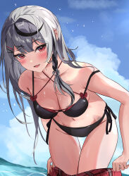Rule 34 | 1girl, :d, absurdres, bare shoulders, bikini, black hair, blush, braid, breasts, cleavage, clothes pull, collarbone, double bikini, fang, gabuchi, grey hair, hair ornament, halterneck, highres, hololive, large breasts, leaning forward, looking at viewer, multicolored hair, navel, ocean, open mouth, plaid, plaid skirt, red eyes, sakamata chloe, side-tie bikini bottom, skirt, skirt pull, smile, solo, streaked hair, swimsuit, thigh gap, thighs, virtual youtuber, wading, x hair ornament