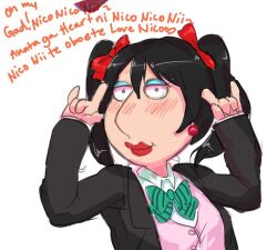Rule 34 | 1girl, \m/, black hair, black jacket, blue eyeshadow, blush, bow, bowtie, cardigan, cardigan under jacket, closed mouth, collared shirt, cosplay, double \m/, earrings, english text, eyeshadow, family guy, green bow, green bowtie, hands up, jacket, jewelry, lewdishsnail, lipstick, lois griffin, love live!, love live! school idol project, makeup, medium hair, nico nico nii, open clothes, open jacket, otonokizaka school uniform, parody, pink cardigan, red lips, school uniform, shirt, simple background, solo, style parody, twintails, upper body, what, white background, white shirt, yazawa nico, yazawa nico (cosplay)