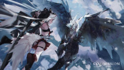 Rule 34 | 1girl, absurdres, back, black bra, blurry, blurry foreground, bra, cape, commentary request, commission, dragon, english text, fur cape, highres, holding, holding sword, holding weapon, long hair, open mouth, original, red skirt, skirt, solo, sword, thigh strap, underwear, weapon, white hair, zygocactus