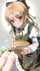 Rule 34 | 1girl, absurdres, blonde hair, blush, collar, earrings, feet out of frame, flower, frilled collar, frilled sleeves, frills, highres, idolmaster, idolmaster cinderella girls, jewelry, knees up, long hair, long sleeves, looking at viewer, morikubo nono, ningen mame, picnic basket, puffy long sleeves, puffy sleeves, sitting, solo, sparkle, stud earrings, wavy hair, white flower, yellow eyes