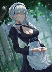 Rule 34 | 1girl, absurdres, apron, bad id, bad pixiv id, black choker, black dress, blue eyes, braid, breasts, choker, cleavage, cleavage cutout, clothing cutout, cowboy shot, dappled sunlight, dress, dutch angle, eyelashes, french braid, frilled choker, frills, hair between eyes, highres, jenmin12, korean commentary, light bulb, lips, long sleeves, looking at viewer, maid, maid apron, maid headdress, medium breasts, medium hair, original, parted lips, plant, ponytail, puffy long sleeves, puffy sleeves, silver hair, single sleeve, solo, sunlight, tree, vines, wet, wrist cuffs