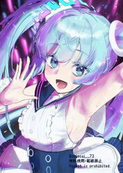 Rule 34 | 1girl, absurdres, aqua eyes, aqua hair, arm up, armpits, blue archive, blush, breasts, commentary, hatsune miku, highres, looking at viewer, medium breasts, miku day, open mouth, shiosai 73, shirt, sleeveless, sleeveless shirt, smile, solo, sweat, tongue, twintails, upper body, vocaloid