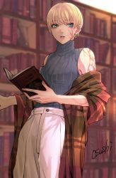 Rule 34 | 1girl, animification, apex legends, aqua eyes, bad id, bad twitter id, bare shoulders, blonde hair, blurry, blurry background, book, bookshelf, fingernails, highres, holding, holding book, lightning scar, open book, osushimax, parted lips, pink lips, scar, scar on face, short hair, signature, solo, teeth, turtleneck, wattson (apex legends)