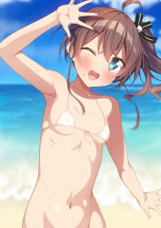 Rule 34 | 1girl, aqua eyes, arm up, armpits, bikini, blurry, blurry background, blush, breasts, brown hair, covered erect nipples, hair ornament, highres, hololive, kazuma (kazumav), long hair, looking at viewer, natsuiro matsuri, navel, ocean, one eye closed, open mouth, outdoors, side ponytail, small breasts, smile, solo, stomach, swimsuit, virtual youtuber, white bikini