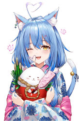 Rule 34 | 1girl, :d, ahoge, ahoge wag, animal ear fluff, animal ears, bell, blue hair, blue kimono, blush, cat ears, cat girl, cat tail, creature, daifuku (yukihana lamy), dejio, expressive hair, floral print, hair between eyes, heart, heart ahoge, highres, holding, holding creature, hololive, japanese clothes, jingle bell, kadomatsu, kimono, long hair, looking at viewer, multicolored hair, new year, one eye closed, open mouth, smile, solo, streaked hair, tail, tail bell, tail ornament, upper body, virtual youtuber, yellow eyes, yukihana lamy, yukihana lamy (new year)