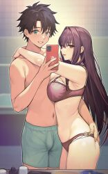 1boy 1girl absurdres armpit_crease bare_shoulders black_hair blue_eyes blush bra breasts dynamitenatalia fate/grand_order fate_(series) fujimaru_ritsuka_(male) hand_on_another&#039;s_ass highres large_breasts long_hair looking_at_viewer panties purple_hair red_eyes scathach_(fate) short_hair smile thighs underwear