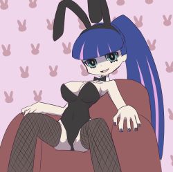 Rule 34 | 10s, 1girl, absurdres, alternate hairstyle, animal ears, bare shoulders, black nails, blue eyes, blue hair, bow, bowtie, breasts, detached collar, fake animal ears, fishnets, highres, jadf, large breasts, long hair, matching hair/eyes, multicolored hair, nail polish, no panties, panty &amp; stocking with garterbelt, playboy bunny, ponytail, purple hair, rabbit ears, sitting, solo, spread legs, stocking (psg), thighhighs, two-tone hair, very long hair