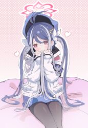 Rule 34 | 1girl, antenna hair, black pantyhose, blue archive, blue hair, blue hat, blue skirt, blush, closed mouth, commentary, fubuki (blue archive), grey hair, halo, hat, heart, highres, jacket, kanikama acedia, long hair, long sleeves, multicolored hair, open clothes, open jacket, pantyhose, peaked cap, pink halo, red eyes, sitting, skirt, smile, solo, twintails, white jacket