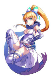 Rule 34 | 1girl, alternate color, blonde hair, blue bow, blue eyes, blue scarf, blush, bow, breasts, cape, cleavage, commentary request, dagger, elbow gloves, full body, gloves, guillotine cross (ragnarok online), hair bow, high ponytail, highres, holding, holding knife, jamadhar, kawagoe pochi, knife, leotard, long hair, looking at viewer, medium breasts, official alternate costume, open mouth, ponytail, ragnarok online, scarf, simple background, solo, striped, striped bow, thighhighs, torn cape, torn clothes, torn scarf, torn thighhighs, waist cape, weapon, white background, white bow, white cape, white leotard, white thighhighs