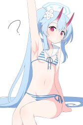 Rule 34 | 1girl, ?, absurdres, arm support, arm up, armpits, bikini, blue archive, blue bikini, blue hair, blush, breasts, chise (blue archive), chise (swimsuit) (blue archive), closed mouth, commentary request, feet out of frame, flower, hagoonha, hair flower, hair ornament, highres, horns, invisible chair, leaning to the side, long hair, navel, official alternate costume, oni horns, pink eyes, red horns, sailor collar, shadow, side-tie bikini bottom, side ponytail, sidelocks, simple background, sitting, small breasts, solo, stomach, striped bikini, striped clothes, swimsuit, thighs, very long hair, white background, white sailor collar