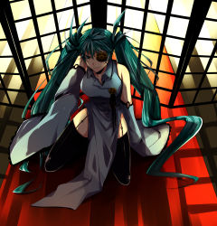Rule 34 | 1girl, aqua eyes, aqua hair, bad id, bad pixiv id, china dress, chinese clothes, detached sleeves, dress, eyepatch, from above, fujikiti, hatsune miku, highres, kneeling, long hair, sitting, smile, solo, thighhighs, twintails, very long hair, vocaloid, window shadow, zettai ryouiki
