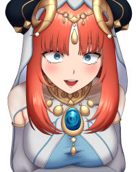 Rule 34 | 1girl, 1nilla&#039;, :d, absurdres, blue eyes, blush, breasts, brooch, commentary, english commentary, fake horns, genshin impact, highres, horns, jewelry, large breasts, long hair, long sleeves, looking at viewer, neck ring, nilou (genshin impact), open mouth, red hair, simple background, smile, solo, veil, white background