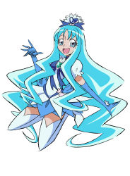 Rule 34 | 1girl, adapted costume, aged up, alternate universe, arudebido, blue eyes, blue hair, blue skirt, blue theme, brooch, cure marine, elbow gloves, eyelashes, gloves, hair ornament, heart, heart brooch, heartcatch precure!, highres, jewelry, kurumi erika, long hair, magical girl, matching hair/eyes, miniskirt, open mouth, parody, precure, puffy sleeves, simple background, skirt, solo, style parody, thighhighs, white background, white thighhighs