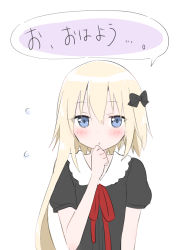 Rule 34 | 1girl, :o, black bow, black shirt, blonde hair, blue eyes, blush, bow, flying sweatdrops, hair between eyes, hair bow, hand to own mouth, highres, long hair, looking at viewer, original, parted lips, puffy short sleeves, puffy sleeves, red ribbon, ribbon, shirt, short sleeves, simple background, solo, tia-chan, translated, uchuuneko, upper body, white background
