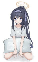Rule 34 | 1girl, absurdres, black hair, blue archive, blush, grey shirt, hairband, halo, high ponytail, highres, long hair, looking at viewer, nagisa (cxcx5235), pillow, pout, purple eyes, shirt, sidelocks, sitting, solo, ui (blue archive), wariza, yellow halo