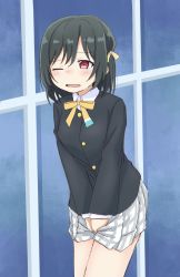 Rule 34 | 1girl, between legs, black hair, black jacket, blush, breasts, buttons, collared shirt, cowboy shot, embarrassed, fang, female focus, grey skirt, hair ribbon, half-closed eye, hand between legs, have to pee, highres, jacket, leaning forward, long sleeves, love live!, love live! nijigasaki high school idol club, mifune shioriko, miniskirt, neck ribbon, nose blush, one eye closed, open mouth, own hands together, plaid, plaid skirt, pleated skirt, ponnu (tnpn2yw), red eyes, ribbon, school uniform, shirt, short hair, sidelocks, skirt, small breasts, solo, standing, thighs, v arms, white shirt, wince, yellow ribbon