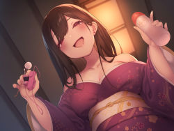 Rule 34 | 1girl, arms up, bare shoulders, bottle, breasts, brown hair, cleavage, cotton swab, from below, japanese clothes, kimono, long hair, looking at viewer, looking down, lotion, lotion bottle, medium breasts, mimikaki, naughty face, obi, off shoulder, open mouth, original, pokachu, purple kimono, red eyes, sash, smile, solo, upper body, vibrator