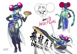 Rule 34 | 1girl, arthropod girl, black hair, blue dress, blue footwear, breasts, bridal gauntlets, carrying, china dress, chinese clothes, cleavage, closed eyes, colored skin, dragon print, dragonfly wings, dress, english text, extra arms, flying kick, green skin, hair ribbon, kicking, multicolored skin, multiple views, original, panties, pantyshot, pelvic curtain, ribbon, ryuusei (mark ii), shoes, simple background, striped, striped skin, thighhighs, two-tone skin, underwear, white background, white panties