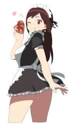 Rule 34 | 1girl, accio, alternate hairstyle, apron, bad id, bad pixiv id, breasts, brown hair, dress, gift, hair down, heart, las vegas (accho), long hair, looking back, maid, maid apron, maid headdress, one eye closed, original, red eyes, short dress, simple background, skirt, smile, solo, standing, thick thighs, thighs, tongue, tongue out, valentine, white background, wink