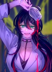 Rule 34 | 1girl, absurdres, black collar, black hair, breasts, call boy (vocaloid), collar, collarbone, commentary, cup, drinking glass, english commentary, green eyes, highres, holding, holding cup, indonesian commentary, jacket, large breasts, long hair, mika melatika, mixed-language commentary, multicolored hair, nail hair ornament, nijisanji, nijisanji id, open mouth, portrait, pouring, red hair, smile, solo, streaked hair, virtual youtuber, vocaloid, white jacket, wine glass, yaku (999ykseo)