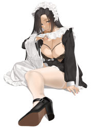 Rule 34 | 1girl, apron, apron lift, black bra, black dress, black hair, bra, breasts, cleavage, clothes lift, clothes pull, dress, dress pull, full body, grey eyes, high heels, highres, lace, lace-trimmed bra, lace trim, large breasts, lifting own clothes, lingerie, long hair, long sleeves, looking at viewer, maid, maid apron, maid headdress, martha (throtem), mary janes, nail polish, original, red nails, shoe soles, shoes, sitting, solo, thighhighs, throtem, underwear, white thighhighs
