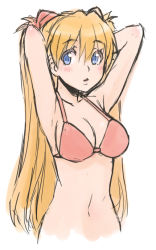 Rule 34 | 1girl, armpits, arms behind head, arms up, bad id, bad pixiv id, bikini, bikini top only, blue eyes, blush, breasts, cleavage, ha-ru, hair ornament, large breasts, long hair, looking at viewer, navel, neon genesis evangelion, open mouth, orange hair, simple background, solo, souryuu asuka langley, swimsuit