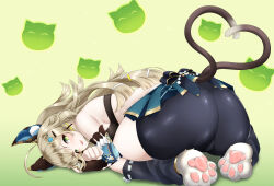 Rule 34 | 1girl, absurdres, all fours, animal ears, animal hands, ass, ass focus, bike shorts, breasts, brown hair, cameltoe, cat ears, cat paws, cat tail, detached sleeves, from behind, genshin impact, green eyes, hair ornament, hairclip, highres, kirara (genshin impact), medium breasts, mee don, miniskirt, multiple tails, sideboob, skirt, smile, solo, tail, top-down bottom-up