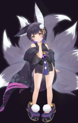 Rule 34 | 1girl, absurdres, aged down, animal ears, animal print, arm behind back, azur lane, bare legs, bare shoulders, barefoot, black hair, black kimono, blush, butterfly print, facepaint, fox ears, fox girl, fox tail, full body, gem, hand up, head tilt, highres, japanese clothes, kimono, kitsune, large ears, legs apart, looking at viewer, medium hair, mohairu (hhooaann), multicolored hair, multiple tails, musashi (azur lane), off shoulder, oversized clothes, parted lips, pom pom (clothes), purple gemstone, purple hair, sandals, short hair, short kimono, solo, standing, staring, tail, two-tone hair, wide sleeves, yellow eyes
