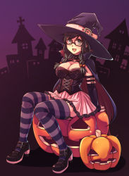 Rule 34 | blush, breasts, brown hair, cape, cleavage, corset, glasses, green eyes, hair ornament, halloween, hat, highres, pumpkin, sitting, skirt, smile, striped legwear, thighhighs, witch