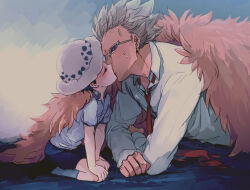 Rule 34 | 2boys, absurdres, age difference, aged down, black hair, blonde hair, blush, cheese neko3, closed eyes, couple, donquixote doflamingo, feather coat, fur hat, hat, height difference, highres, kiss, long sleeves, male focus, multiple boys, necktie, one piece, onii-shota, shirt, shoes, short hair, short sleeves, shorts, sitting, size difference, socks, sunglasses, sweatdrop, trafalgar law, wariza, white shirt, yaoi
