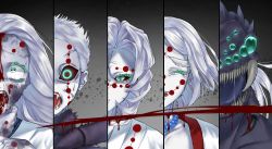 Rule 34 | 2girls, 3boys, ^ ^, ahegao, arachne boy, arthropod girl, bead necklace, beads, bleeding, blood, blood on face, blood splatter, bob cut, close-up, closed eyes, colored eyelashes, colored sclera, colored skin, column lineup, cracked skin, crying, decapitation, dying, extra eyes, facial mark, facing viewer, fangs, father spider demon (kimetsu no yaiba), green eyes, grey background, grey skin, half-closed eyes, hands on own neck, hands up, happy, housan dango, human head, insect girl, jewelry, kimetsu no yaiba, long hair, looking at viewer, monster, mother spider demon (kimetsu no yaiba), multiple boys, multiple girls, necklace, older brother spider demon (kimetsu no yaiba), older sister spider demon (kimetsu no yaiba), open mouth, poison, portrait, red sclera, rui (kimetsu no yaiba), scared, short hair, spider boy, spider girl, strangling, text in eyes, thick eyebrows, white hair, white skin, wide-eyed