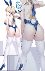 Rule 34 | 1girl, animal ears, ass, bare shoulders, blonde hair, blue archive, blue eyes, blue leotard, braid, breasts, fake animal ears, fake tail, halo, high heels, highres, holding case, leotard, long hair, looking at viewer, medium breasts, multicolored hair, official alternate costume, playboy bunny, rabbit ears, rabbit tail, satou kuuki, solo, strapless, strapless leotard, streaked hair, tail, thighhighs, toki (blue archive), toki (bunny) (blue archive), very long hair, white thighhighs, wrist cuffs