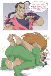 Rule 34 | 2boys, anal, ass, barefoot, blanka, blush, colored skin, cum, cum in ass, cumdrip, green skin, hibiki dan, highres, instant loss, interspecies, long hair, machojuice, male focus, male penetrated, mating press, missionary, multiple boys, sex, street fighter, wince, yaoi
