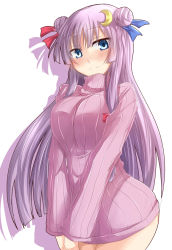 Rule 34 | 1girl, blue eyes, blush, bottomless, breasts, crescent, crescent hair ornament, double bun, dress, female focus, hair bun, hair ornament, hair ribbon, long hair, naked sweater, no headwear, no pants, own hands together, patchouli knowledge, purple hair, ram hachimin, ribbed sweater, ribbon, silhouette, simple background, solo, sweater, sweater dress, touhou