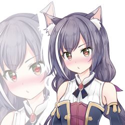Rule 34 | 1girl, animal ear fluff, animal ears, bare shoulders, black hair, black sleeves, blush, breasts, cat ears, detached sleeves, green eyes, hair ribbon, heart, heart-shaped pupils, karyl (princess connect!), kiri sakura, long hair, looking at viewer, low twintails, multicolored hair, nose blush, parted lips, princess connect!, purple ribbon, ribbon, shirt, simple background, sleeveless, sleeveless shirt, small breasts, solo, streaked hair, symbol-shaped pupils, twintails, upper body, v-shaped eyebrows, white background, white hair, white shirt, zoom layer