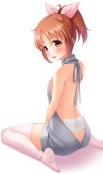 Rule 34 | 10s, 1girl, abe nana, back, backless dress, backless outfit, bare back, blush, breasts, brown hair, butt crack, dress, grey sweater, hair between eyes, hair ribbon, halterneck, highres, idolmaster, idolmaster cinderella girls, imachireki, looking at viewer, looking back, medium breasts, meme attire, naked sweater, open mouth, pink ribbon, ponytail, ribbed sweater, ribbon, shadow, sideboob, simple background, sitting, solo, sweater, thighhighs, thighs, turtleneck, turtleneck sweater, virgin killer sweater, wariza, white background, white thighhighs