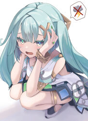 Rule 34 | 1girl, aqua hair, bracelet, clothing cutout, commentary request, dress, faruzan (genshin impact), genshin impact, green eyes, green nails, hair ornament, hands up, highres, jewelry, long hair, open mouth, partial commentary, ring, shoulder cutout, simple background, sleeveless, sleeveless dress, solo, spoken symbol, squatting, symbol-shaped pupils, thighlet, triangle-shaped pupils, twintails, ura (hamburg oniku), white background, white dress, white footwear, x hair ornament