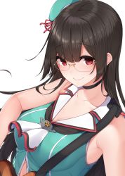 Rule 34 | 1girl, aqua hat, aqua shirt, bare arms, bare shoulders, black choker, black hair, black neckwear, blunt bangs, bow, breasts, choker, choukai (kancolle), cleavage, closed mouth, collarbone, crop top, crop top overhang, double vertical stripe, glasses, guitar, hat, highres, hime cut, instrument, kantai collection, long hair, looking at viewer, medium breasts, red bow, red eyes, rimless eyewear, round eyewear, sailor collar, school uniform, serafuku, shiny skin, shirt, simple background, sleeveless, sleeveless shirt, smile, solo, straight hair, upper body, white background, white sailor collar, yukichi (sukiyaki39)