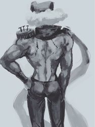 Rule 34 | 1boy, bad id, bad pixiv id, battle tendency, broad shoulders, chocoblood, esidisi, from behind, hand on own hip, hat, highres, jojo no kimyou na bouken, male focus, monochrome, muscular, muscular male, narrow waist, pincushion, shoulder pads, solo, stitches