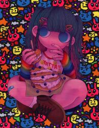 Rule 34 | 1girl, acrylic paint (medium), ahoge, bandaid, bandaid on knee, bandaid on leg, blue eyes, blue hair, blueberry, blunt bangs, braid, brown footwear, candle, closed mouth, clothes writing, colored inner hair, colorful, dark blue hair, eating, fingernails, food, fruit, full body, hair ornament, hairclip, hand to own mouth, highres, holding, holding food, indian style, long hair, long sleeves, multicolored hair, original, painting (medium), pancake, pancake stack, purple hair, rainbow order, shoelaces, shoes, side braids, sideways glance, sitting, sleeves past wrists, smiley face, socks, solo, traditional media, two side up, white socks, yoshida yuka, zipper, zipper footwear