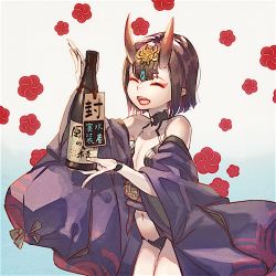 Rule 34 | 1girl, alcohol, bob cut, bottle, closed eyes, eyeliner, fate/grand order, fate (series), gradient background, headpiece, holding, holding bottle, horns, isagiyo, japanese clothes, kimono, makeup, off shoulder, oni, open clothes, open kimono, open mouth, purple hair, purple kimono, revealing clothes, sake, sake bottle, short hair, shuten douji (fate), skin-covered horns, smile, solo, translation request