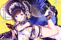 Rule 34 | 1girl, ass, bad id, bad pixiv id, black gloves, black panties, blue eyes, blush, breasts, choker, cleavage, cup, feet up, frills, geta, gloves, gothic lolita, headdress, holding, holding cup, japanese clothes, kat (bu-kunn), kimono, lace, lace-trimmed gloves, lace-trimmed kimono, lace-trimmed umbrella, lace trim, large breasts, lingerie, lolita fashion, long hair, looking at viewer, lying, off shoulder, oil-paper umbrella, on stomach, open mouth, original, panties, purple hair, short kimono, side-tie panties, sidelocks, smile, solo, tabi, thighs, umbrella, underwear, white legwear, wide sleeves